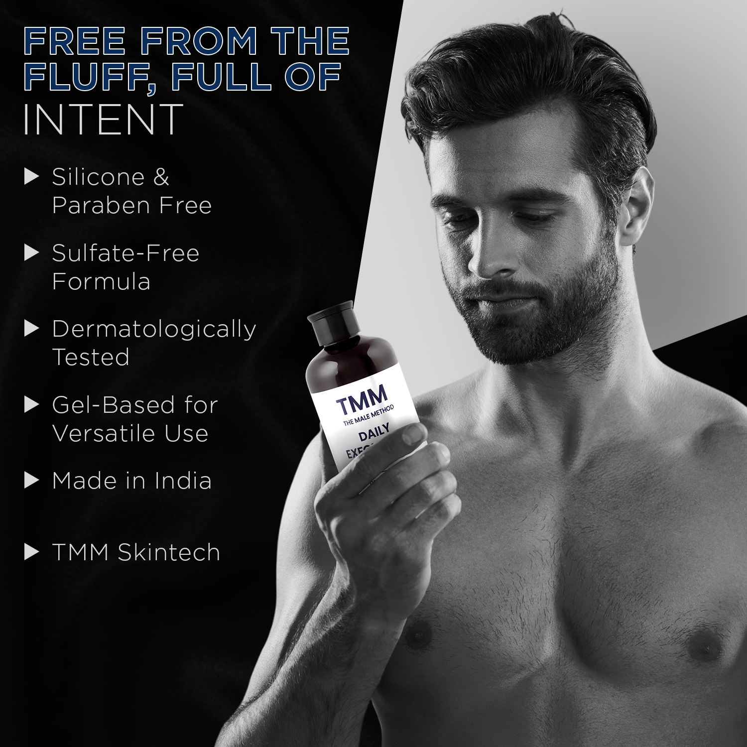 Man holding a bottle of TMM Skintech product with product features listed on a black background