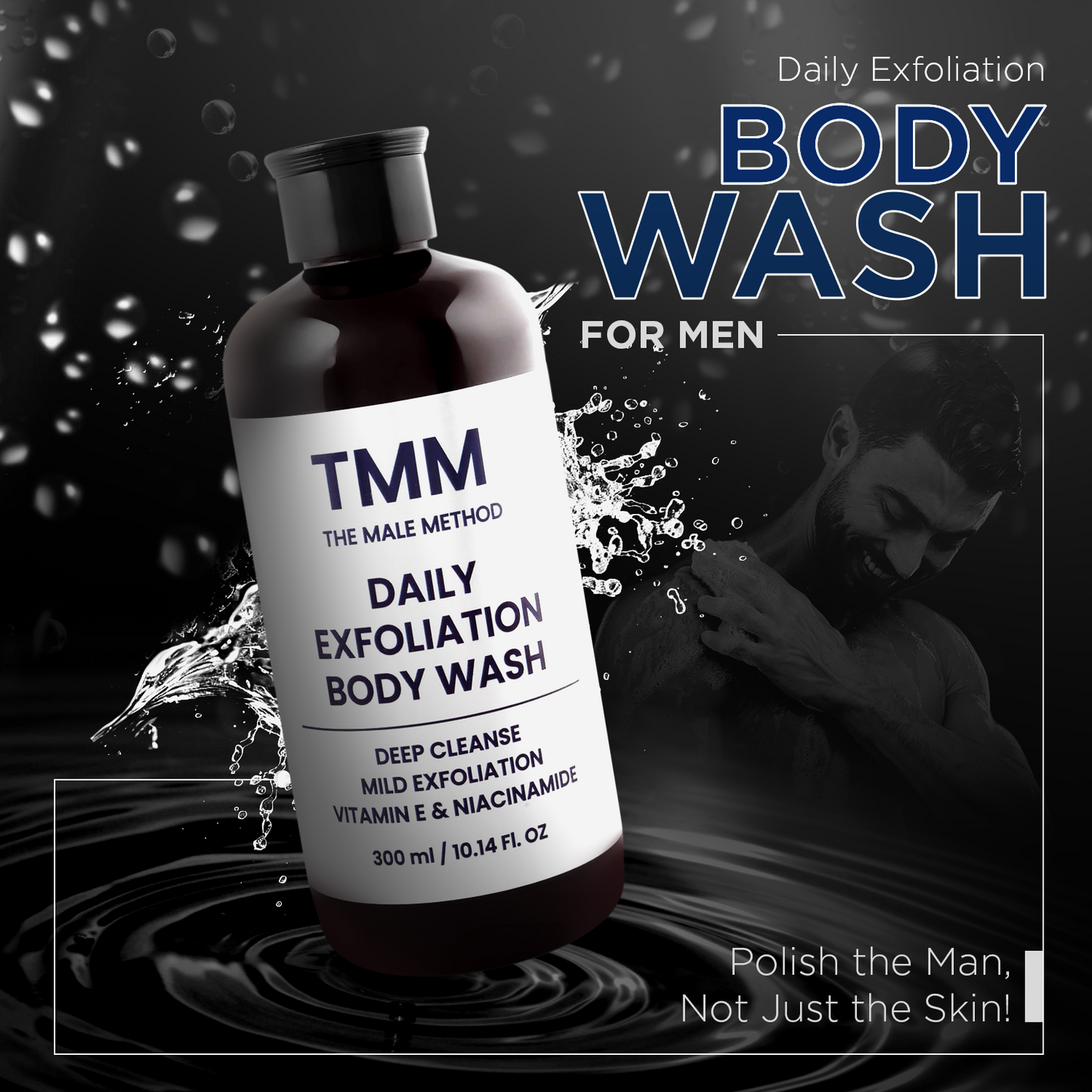 TMM Daily Exfoliation Body Wash for men with water droplets and a dark background