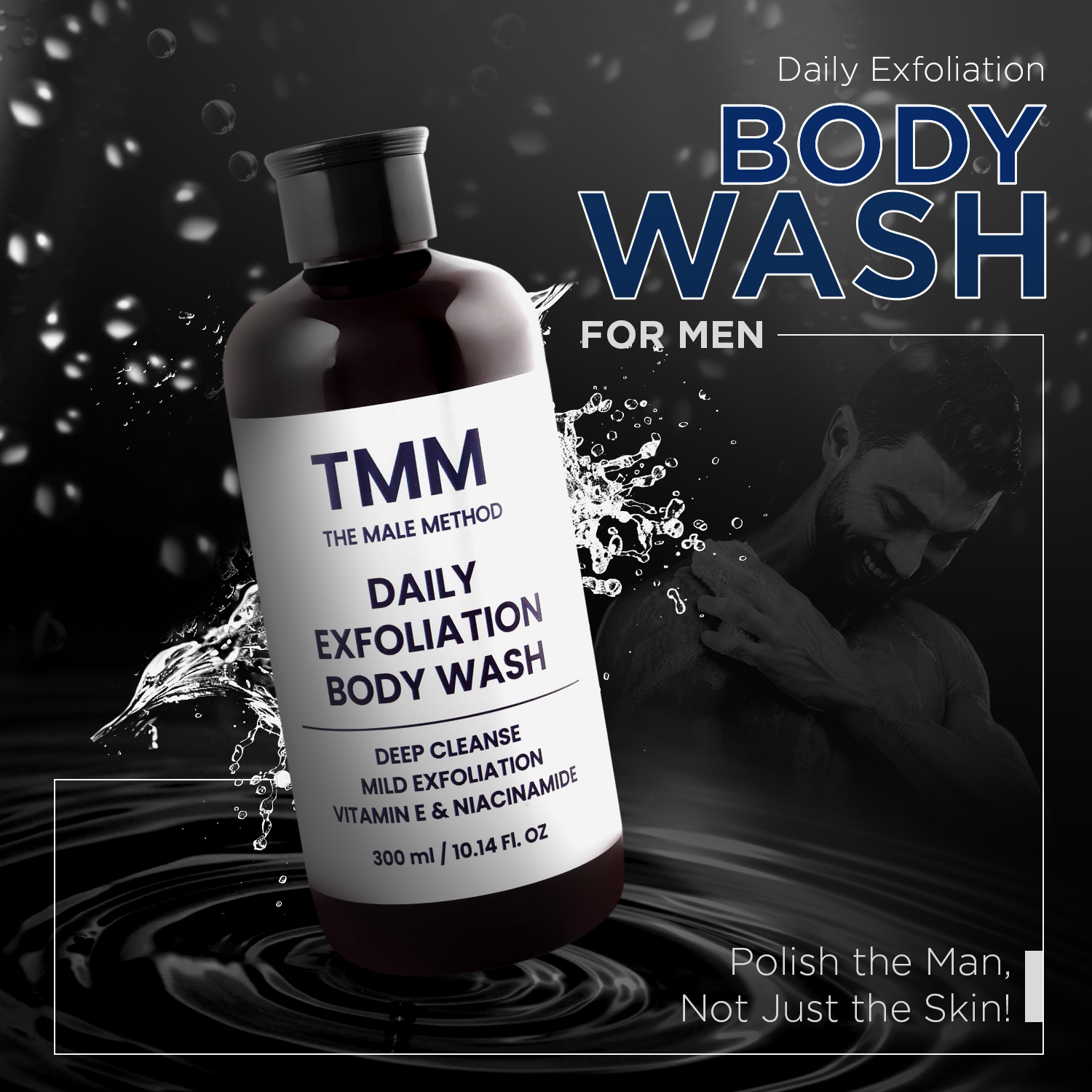 TMM Daily Exfoliation Body Wash for men with water droplets and a dark background