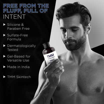 Man holding a bottle of TMM Skintech product with product features listed on a black background