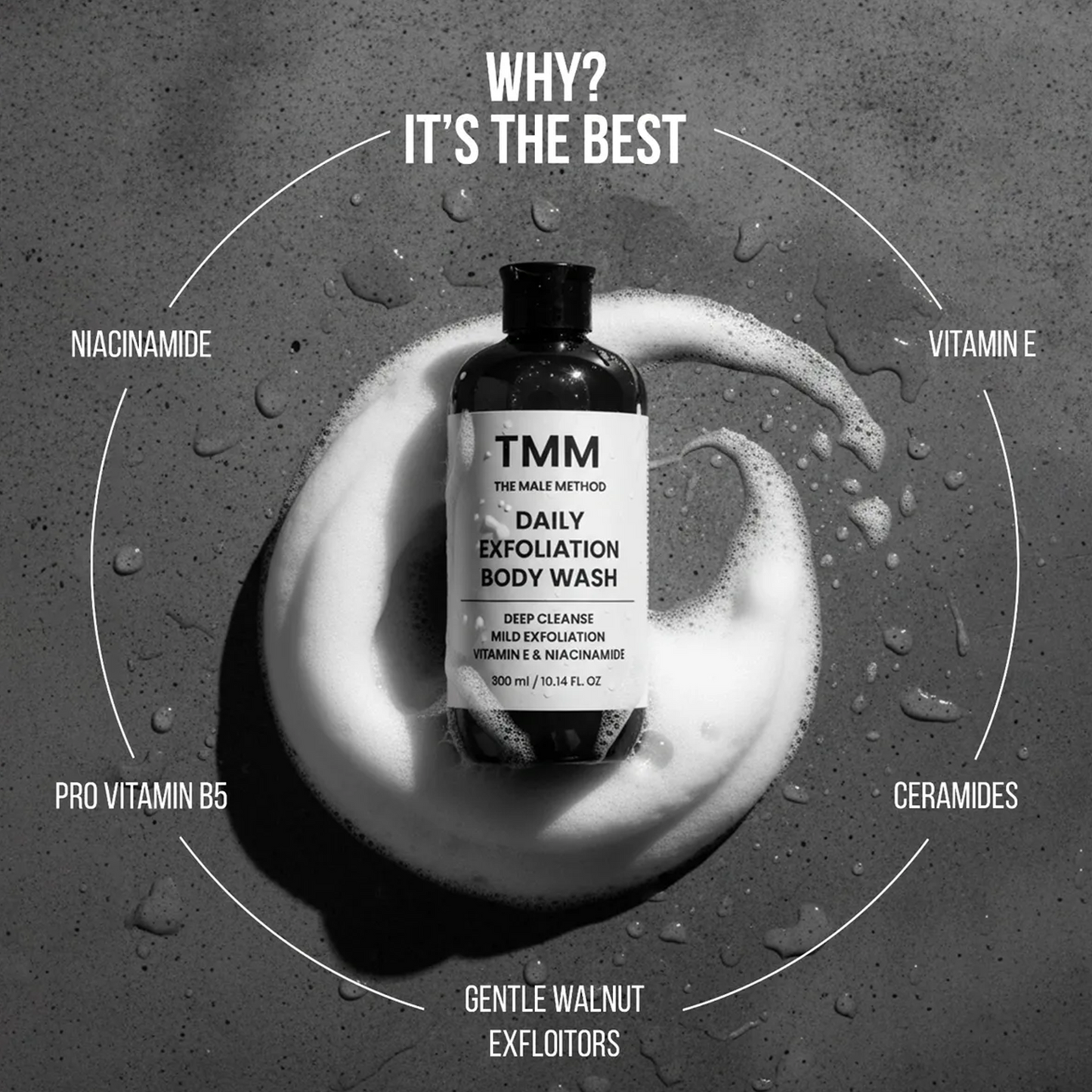 TMM Daily Exfoliation Body Wash bottle with ingredients listed on a gray background